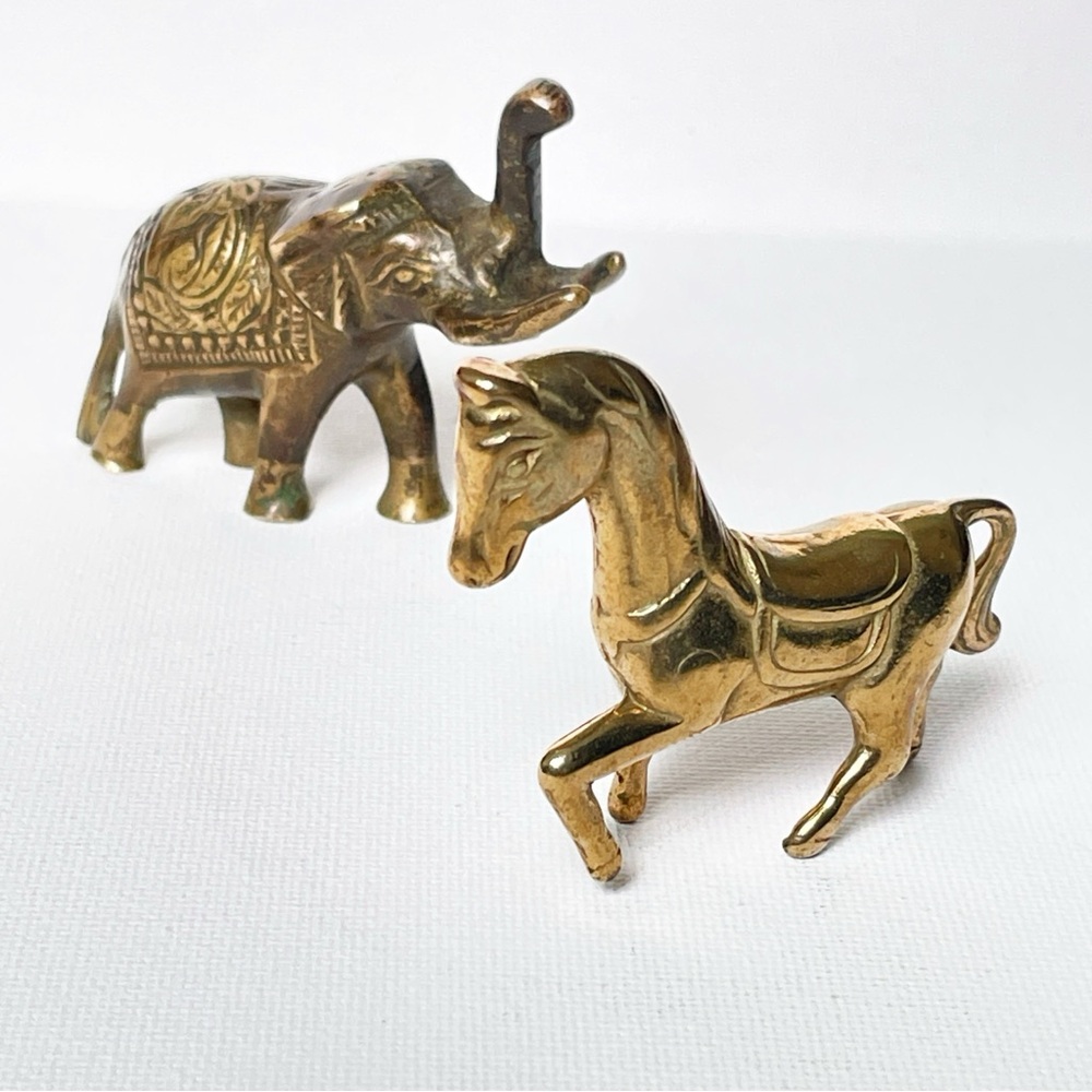Brass Horse and Elephant Figurines Set Miniatures Decor